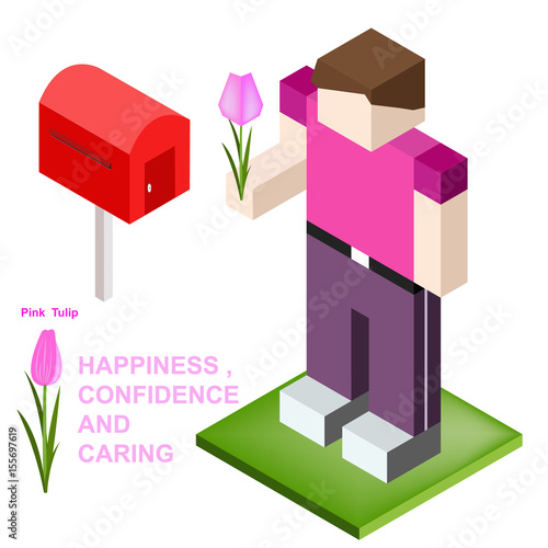vector isometric man with pink tulip in hand