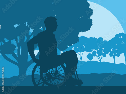 Wheelchair man in park forest landscape with trees vector