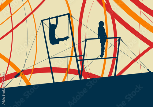 Athlete gymnast exercises on professional gymnastic uneven bars in sport palace abstract vector