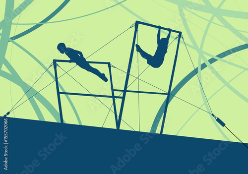 Athlete gymnast exercises on professional gymnastic uneven bars in sport palace abstract vector