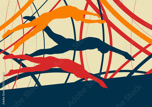 Swimming man jump abstract landscape vector background