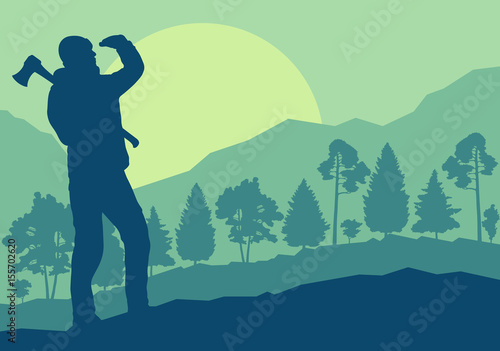 Logger with axe cut firewood vector background landscape