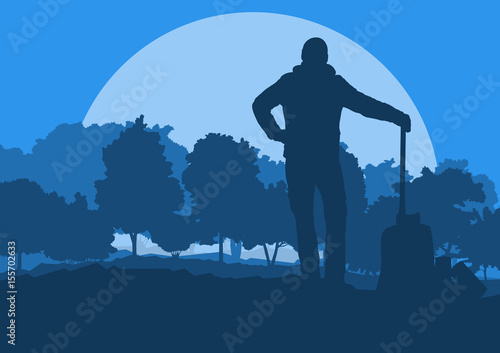 Logger with axe cut firewood vector background landscape
