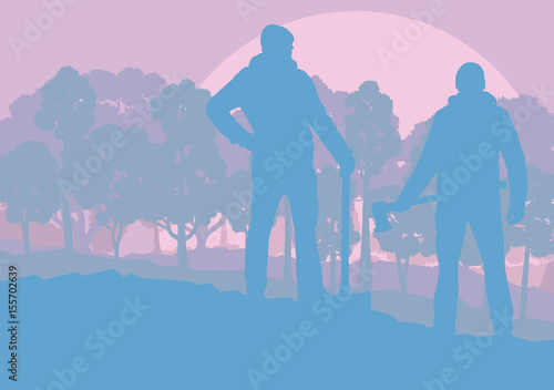 Logger with axe cut firewood vector background landscape
