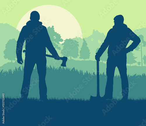 Logger with axe cut firewood vector background landscape