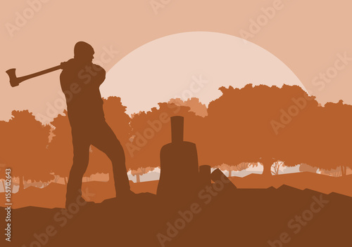Logger with axe cut firewood vector background landscape
