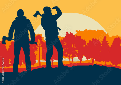 Logger with axe cut firewood vector background landscape