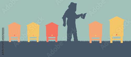Beekeepers working with bees and hives vector background colorful banner