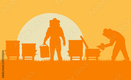 Beekeepers working with bees and hives vector background landscape