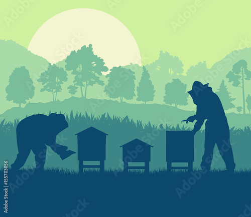 Beekeepers working with bees and hives vector background landscape