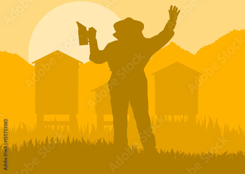 Beekeepers working with bees and hives vector background landscape