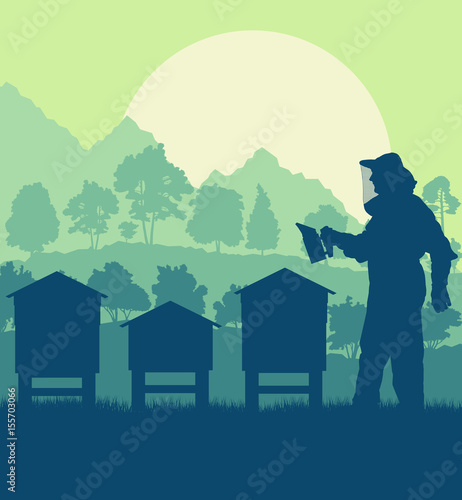 Beekeepers working with bees and hives vector background landscape
