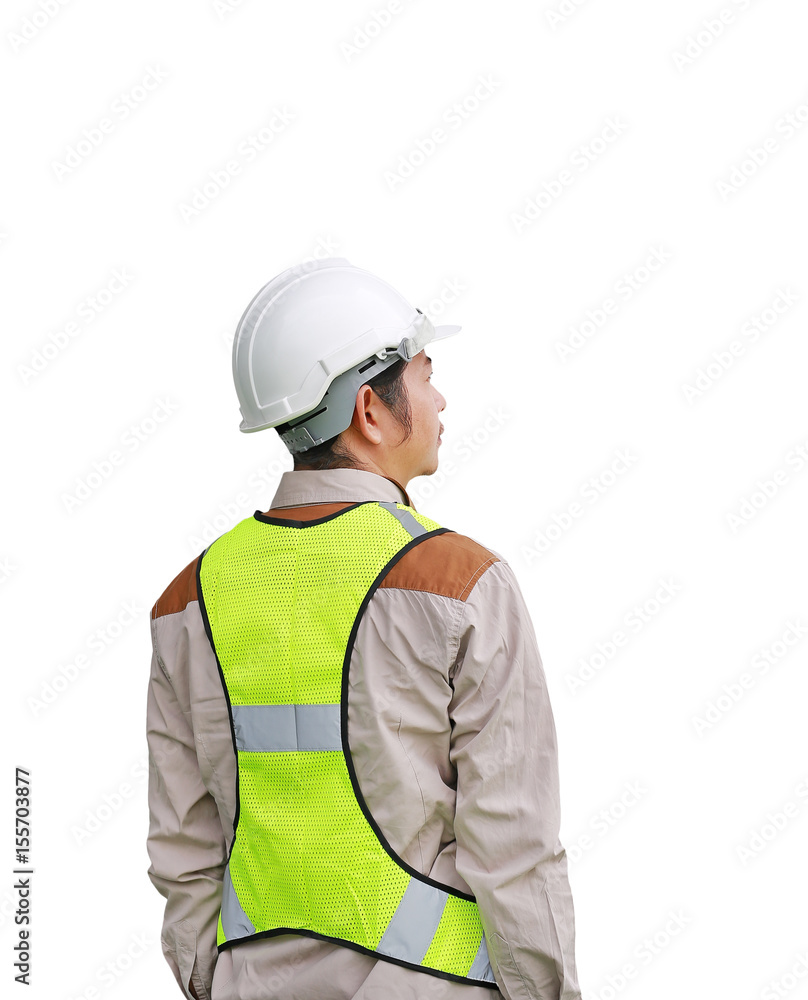 Back view of Male construction worker isolated on white background. Back view of Male construction worker isolated on white background.
