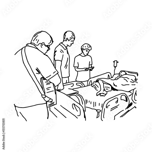 people visit patient in hospital - vector illustration sketch hand drawn with black lines, isolated on white background