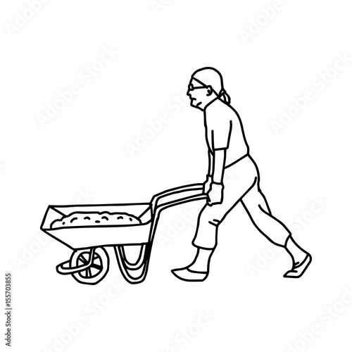 Construction worker pushing a wheelbarrow - vector illustration sketch hand drawn with black lines, isolated on white background