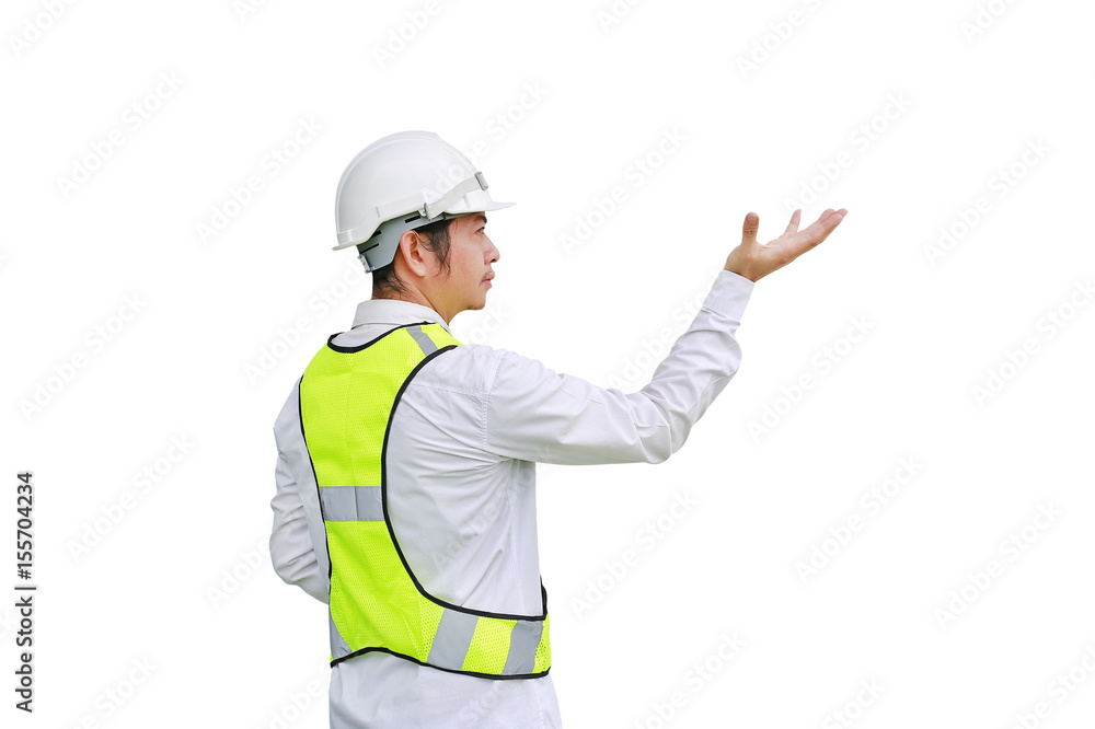 Male construction worker expression hand up isolated on white background. Male construction worker expression hand up isolated on white background.
