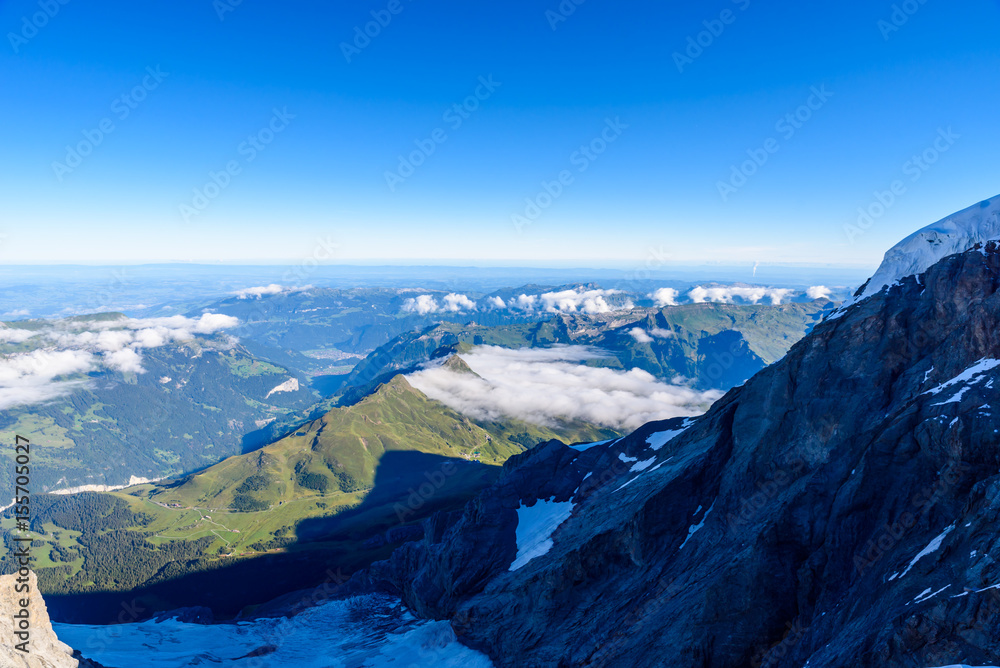 View from Jungfraujoch platform to Lauterbrunnen, Bernese Alps in Switzerland - travel destination in Europe