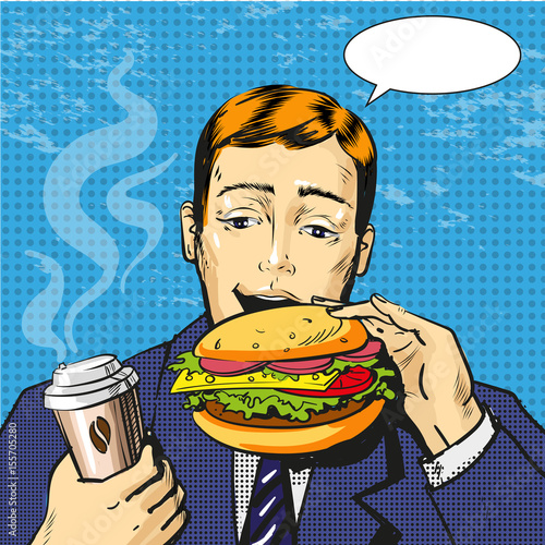 Vector pop art illustration of man eating burger