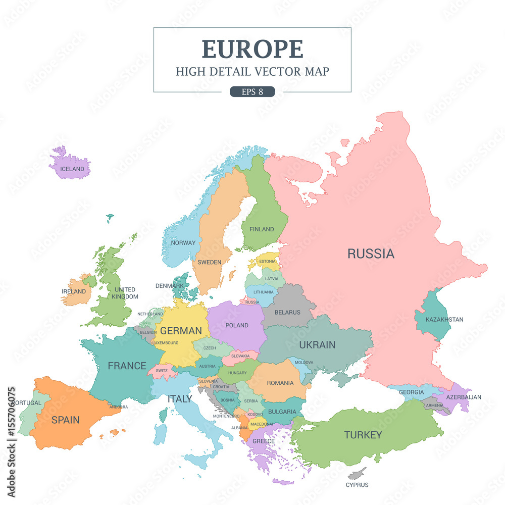 Europe Full Color High Separated all countries Vector Illustration Stock Vector | Stock