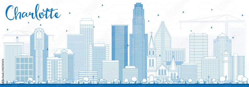Outline Charlotte Skyline with Blue Buildings.