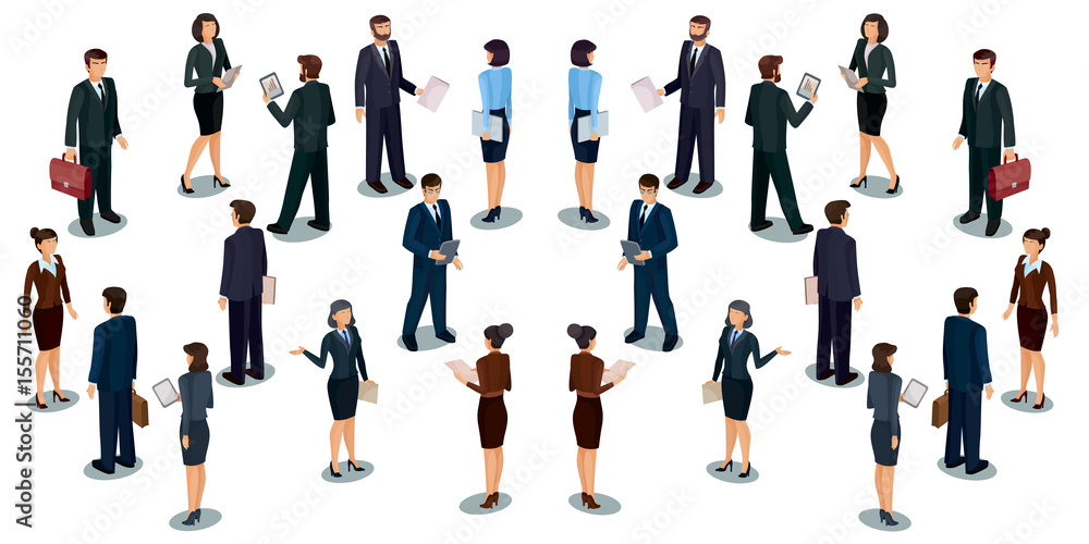 Set of vector isometric men and women in business suits, isolated business people figures