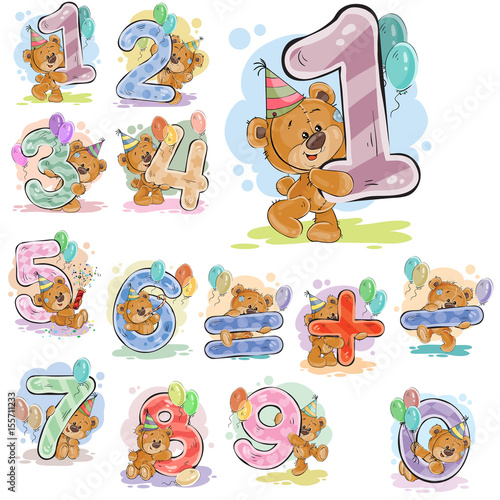 A set of vector illustrations with a brown teddy bear and numerals and mathem...