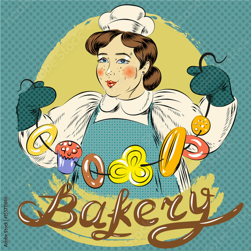 Vector pop art illustration of woman with pastry