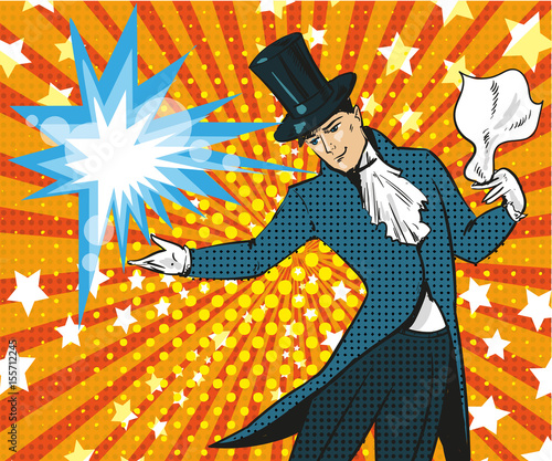 Vector pop art illustration of magician performing trick