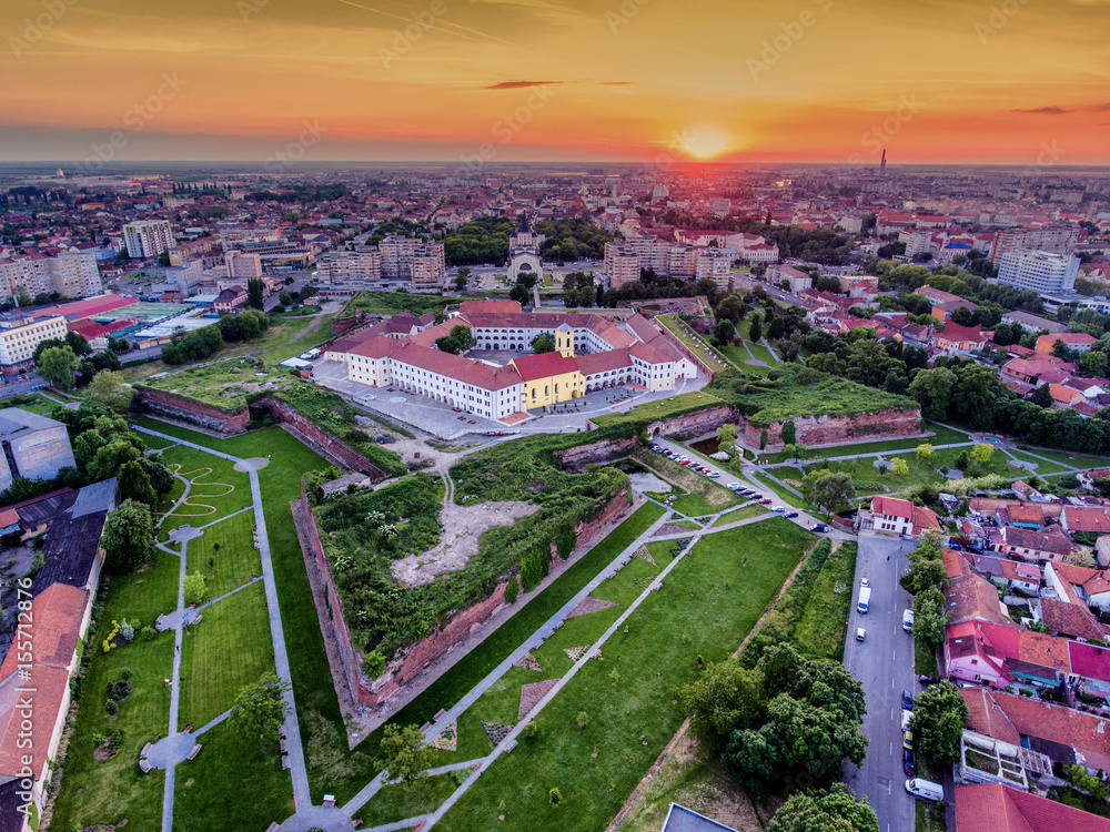 Oradea fortress at sunset aerial view Nagyvárad