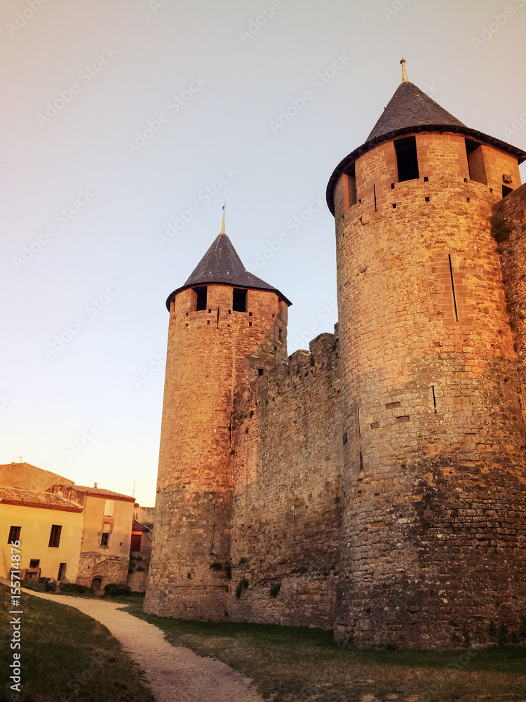 Stone towers of the historic fortified city of Carcassonne in France