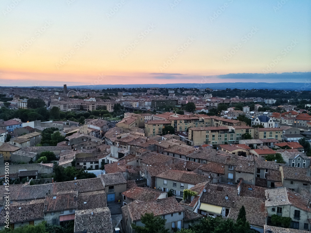 View over the French town of Carcassonne in sunset