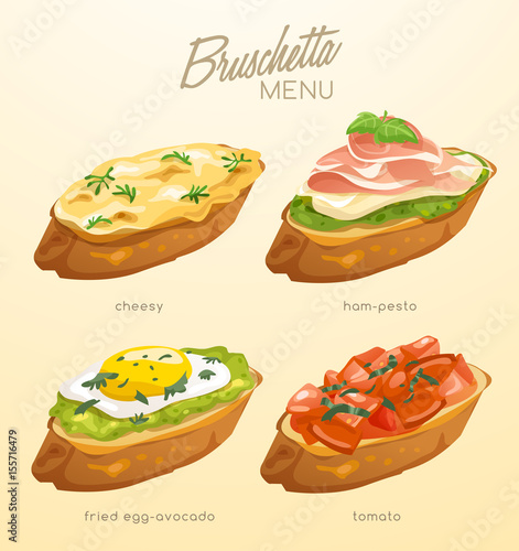 Set of Bruschetta : Delicious Italian appetizer : Vector Illustration