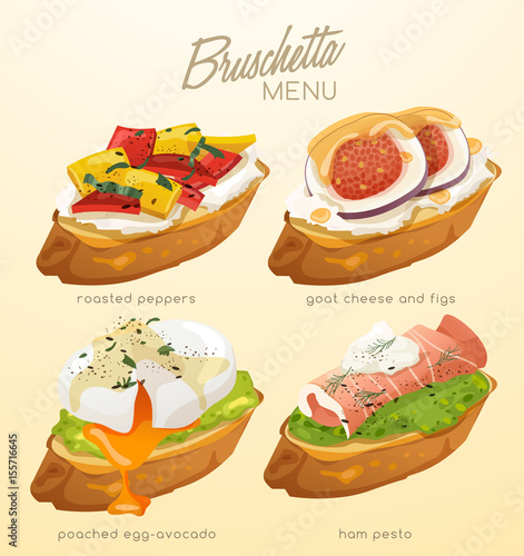 Set of Bruschetta : Delicious Italian appetizer : Vector Illustration