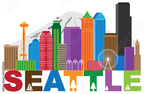 Seattle City Skyline andText Colors vector Illustration