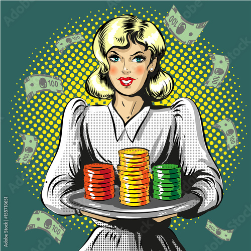 Vector pop art illustration of woman with gambling chips