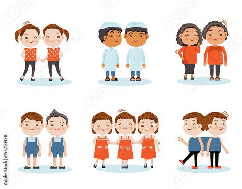 Twin Cartoon boys playing video games together. Vector illustration.