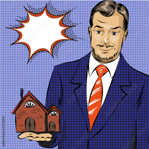 Vector pop art illustration of real estate agent