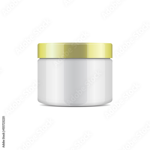 Round white plastic jar with gold cap for cosmetics. Vector mockup template