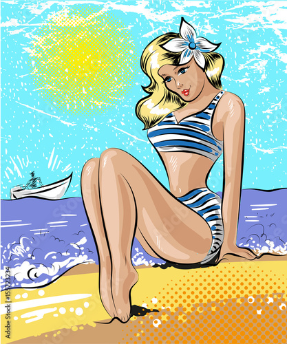 Vector pop art illustration of woman at the seaside