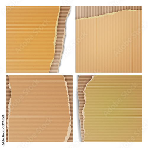 Corrugated Cardboard Vector Set. Realistic Texture Ripped Cardboard Wallpaper With Torn Edges. Logistics Service, Warehouse, Transportation Concept. Vector illustration