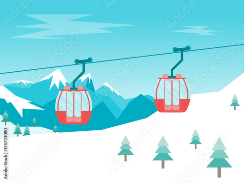 Cartoon Car Cabins Cableway in Mountains. Vector