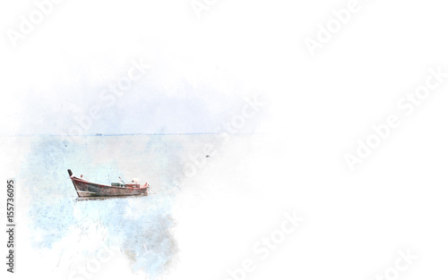 Long boat fishing in sea, Fishing boat on watercolor paining background © Watercolor_Concept