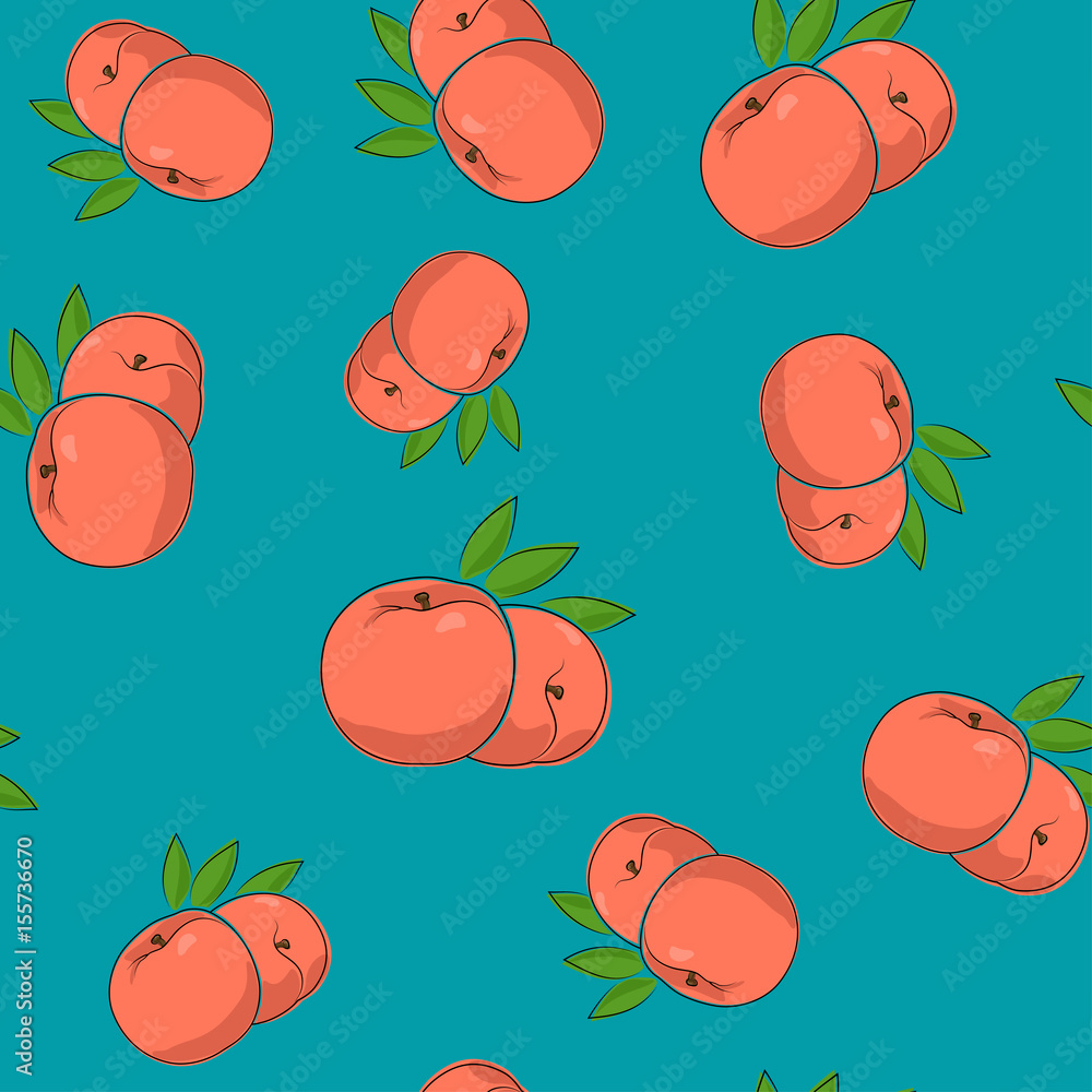 Seamless Pattern of Peach, Fruit on Azure Background, Vector Illustration