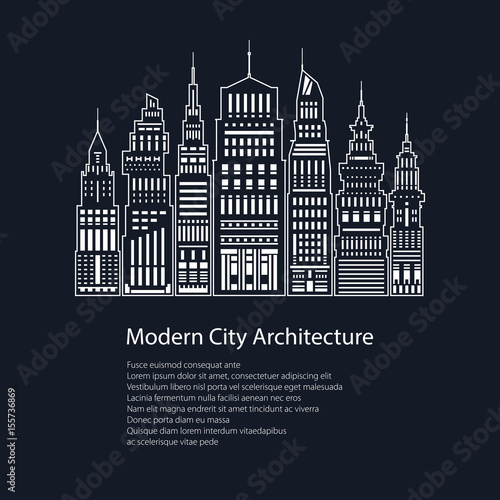Poster White Modern Big City on Black Background and Text, Architecture Megapolis with Buildings and Skyscraper, City Financial Center in Line Style , Brochure Flyer Design, Vector Illustration