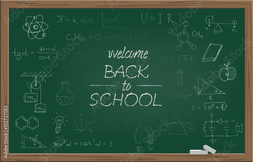 Green school blackboard with chalk WELCOME BACK TO SCHOOL text and different school symbols. Vector illustration.