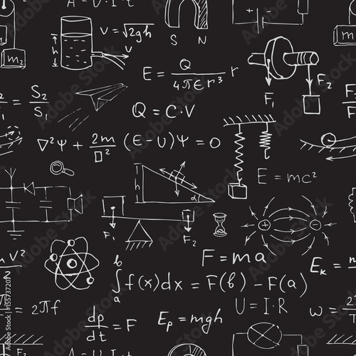 Vector seamless physics pattern. Chalk physics symbols on black blackboard.