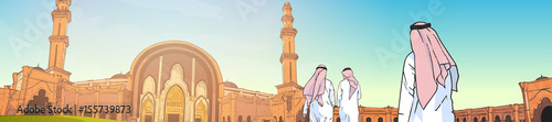 Arab People Coming To Mosque Building Muslim Religion Ramadan Kareem Holy Month Vector Illustration