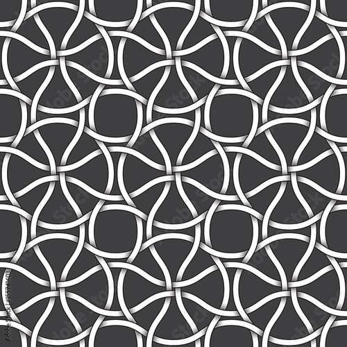 Abstract repeatable pattern background of white twisted strips bands with black strokes. Swatch of intertwined winding bands. Seamless pattern in vintage style.