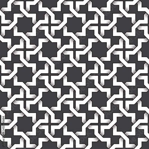 Abstract repeatable pattern background of white twisted strips bands with black strokes. Swatch of intertwined zigzag bands. Seamless pattern in vintage style.