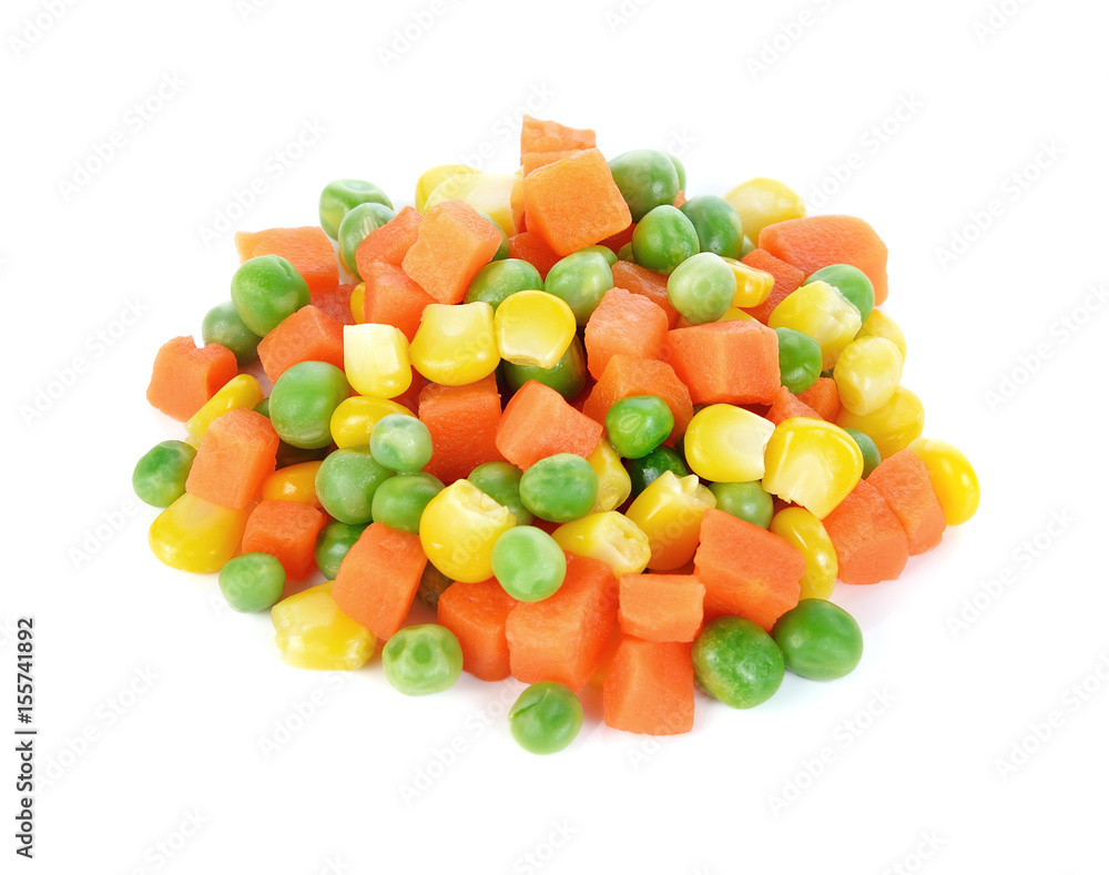 Mix of vegetable containing carrots, peas, and corn on white background Mix of vegetable containing carrots, peas, and corn on white background